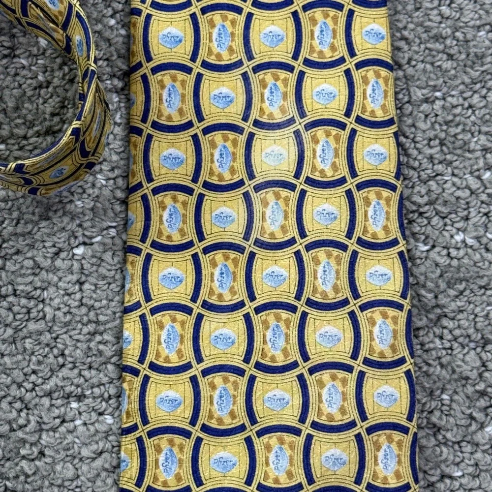 Pfizer Blue Pill Tie 100% Silk Gold Navy Logo Pharmaceutical Promo